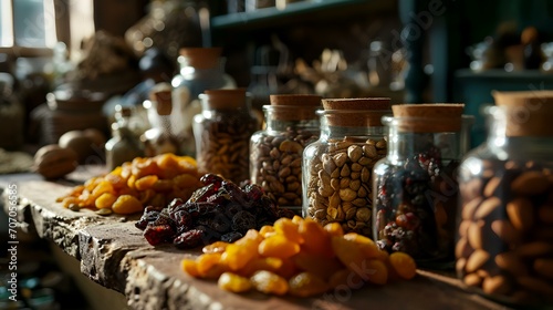 Dried fruits and nuts in glass jars on a rustic wooden table