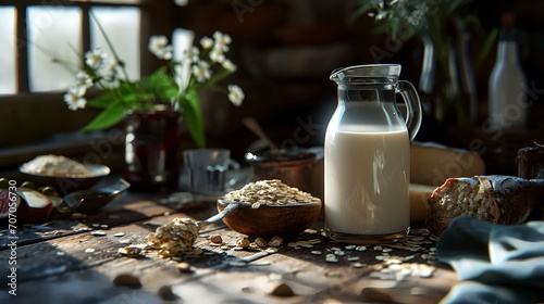 Milk in a glass bottle  oat flakes and nuts on a wooden table