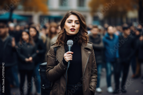Journalist woman holding microphone