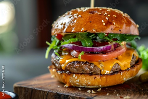 Delicious fresh cheeseburger with old grey background. Fresh american kitchen. photo