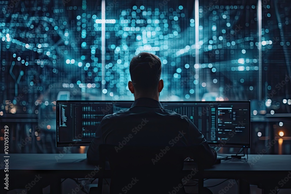 Digital guardian. Professional cybersecurity specialist monitoring dark room with computer servers ensuring security and integrity of information in futuristic technological facility