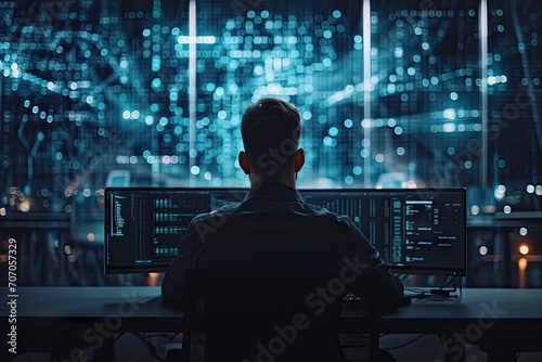 Digital guardian. Professional cybersecurity specialist monitoring dark room with computer servers ensuring security and integrity of information in futuristic technological facility