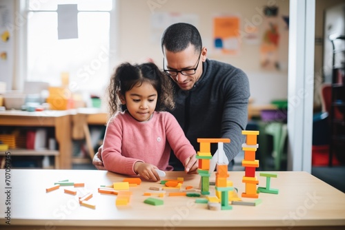 a tutor using colorful blocks to explain math to a young child