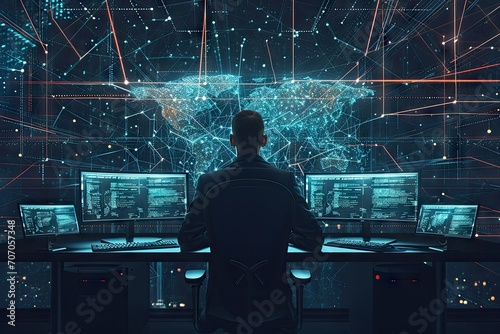 Digital guardian. Professional cybersecurity specialist monitoring dark room with computer servers ensuring security and integrity of information in futuristic technological facility photo