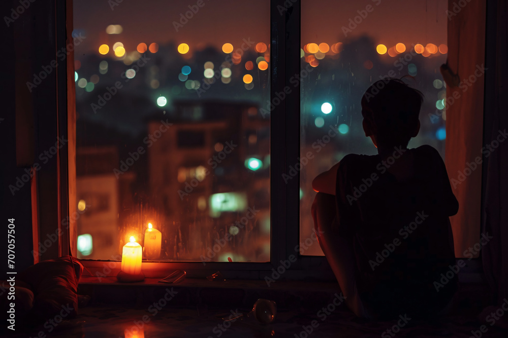 Person sitting by a window with a candle, Girl with the lantern, reflecting on the significance of Earth Hour, save world, global warming