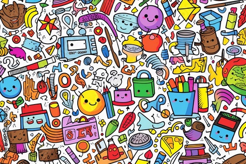 Cartoon cute doodles illustrating a variety of school-related items, including crayons, rulers, and scissors, in a whimsical and joyful seamless design, Generative AI