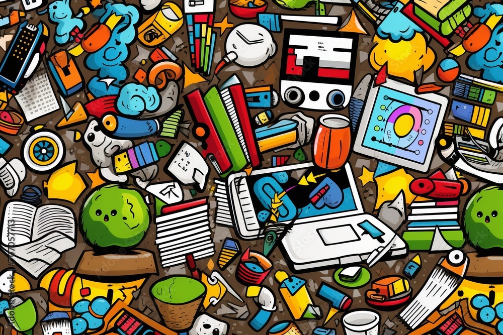 Obraz premium Cartoon cute doodles illustrating a variety of school-related items, including pens, highlighters, and rulers, in a playful seamless pattern, Generative AI