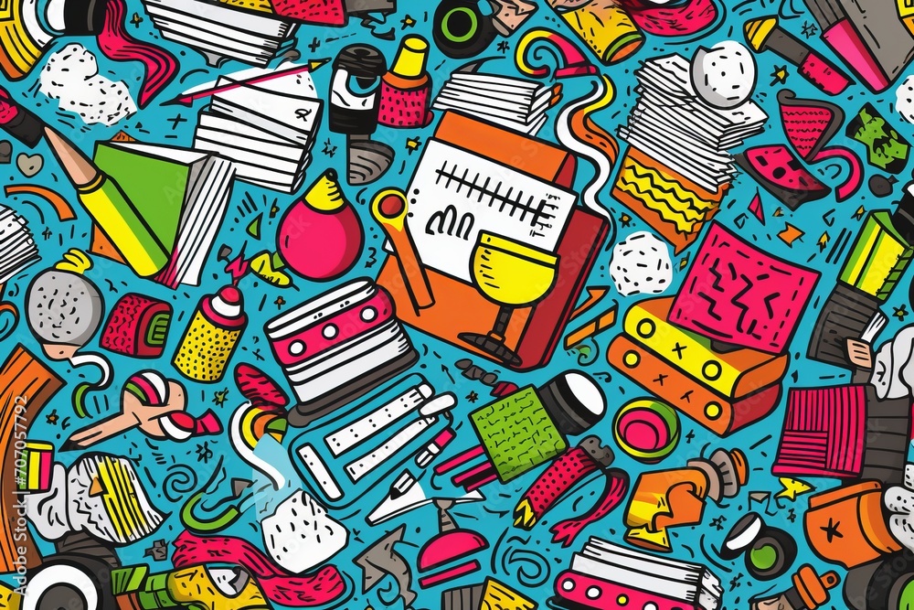 Fototapeta premium Cartoon cute doodles illustrating a variety of school-related items, including pens, highlighters, and rulers, in a playful seamless pattern, Generative AI
