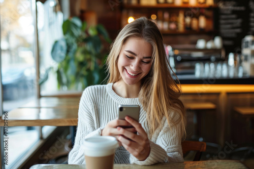 Young smiling woman using mobile phone while drinking coffee in cafe