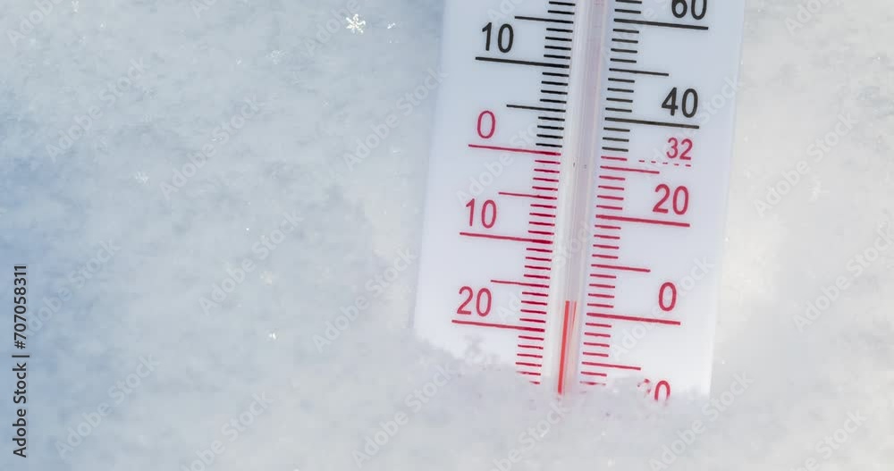 Thermometer with both Celsius and Fahrenheit scales placed in fresh snow indicating temperature dropping from minus 5C to minus 20C - frigid winter weather 4K timelapse