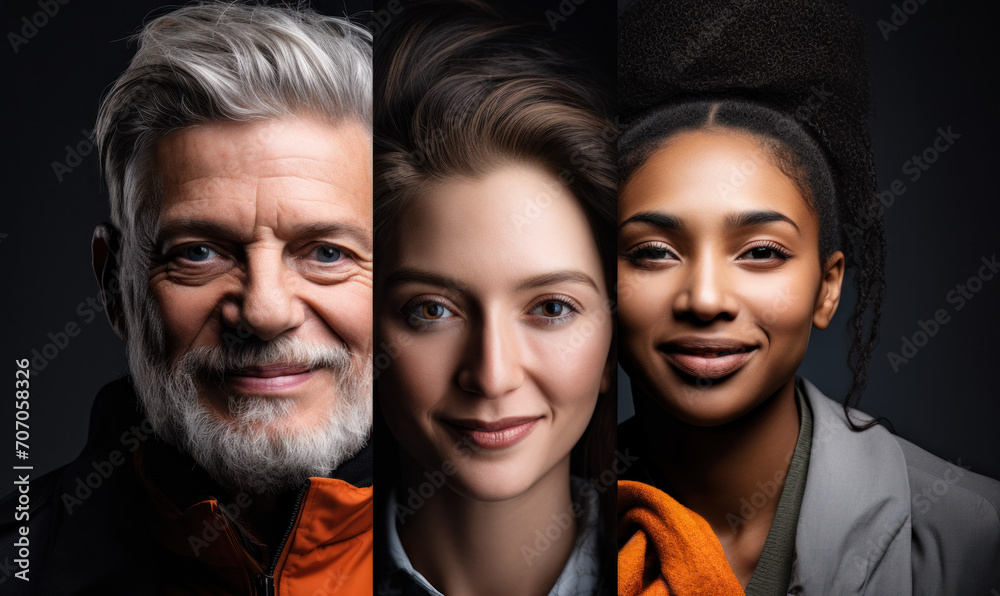 Composite portrait blending diverse faces of different ages, ethnicities, and races symbolizing inclusion and diversity in community and workplace Composite portrait blending diverse faces of different ages, ethnicities, and races symbolizing inclusion and diversity in community and workplace