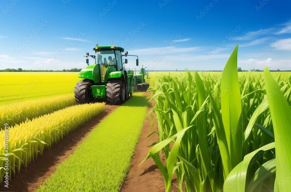 Green tractor in a vibrant field, embodying the green energy concept with sustainable farming and renewable resources. Green tractor in a vibrant field, embodying the green energy concept with sustainable farming and renewable resources.