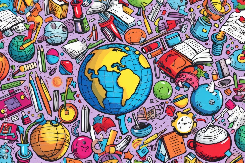 Fototapeta premium Cartoon cute doodles of doodle elements like globes, backpacks, and notebooks, creating a lively and educational seamless backdrop, Generative AI