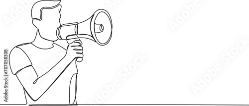 continuous single line drawing of man with megaphone, line art vector illustration