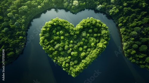island in the river or ocean with heart-shaped trees, top view