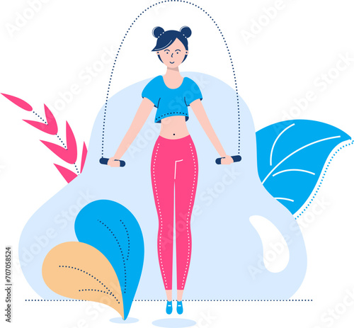 Young woman in sportswear doing jumping jacks. Fitness exercise and workout routine. Active lifestyle and gym training vector illustration.