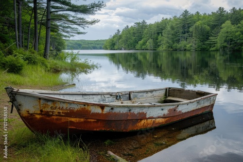 Weathered fishing boat on a peaceful lake shore