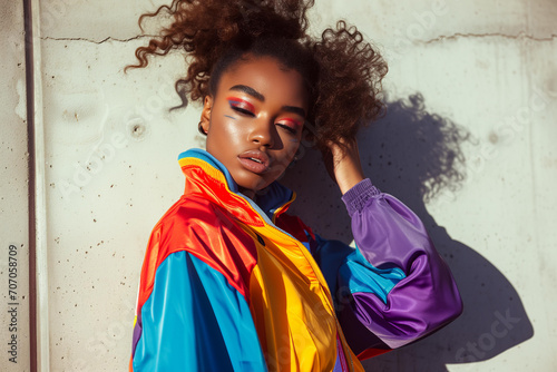 Close up young black woman wearing colorful 90s track suit polished concrete background, sun and shadows, candid © World of AI