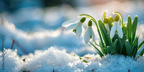 Snowdrops blooming, the beginning of spring, flowers under the snow in gentle sunlight photo