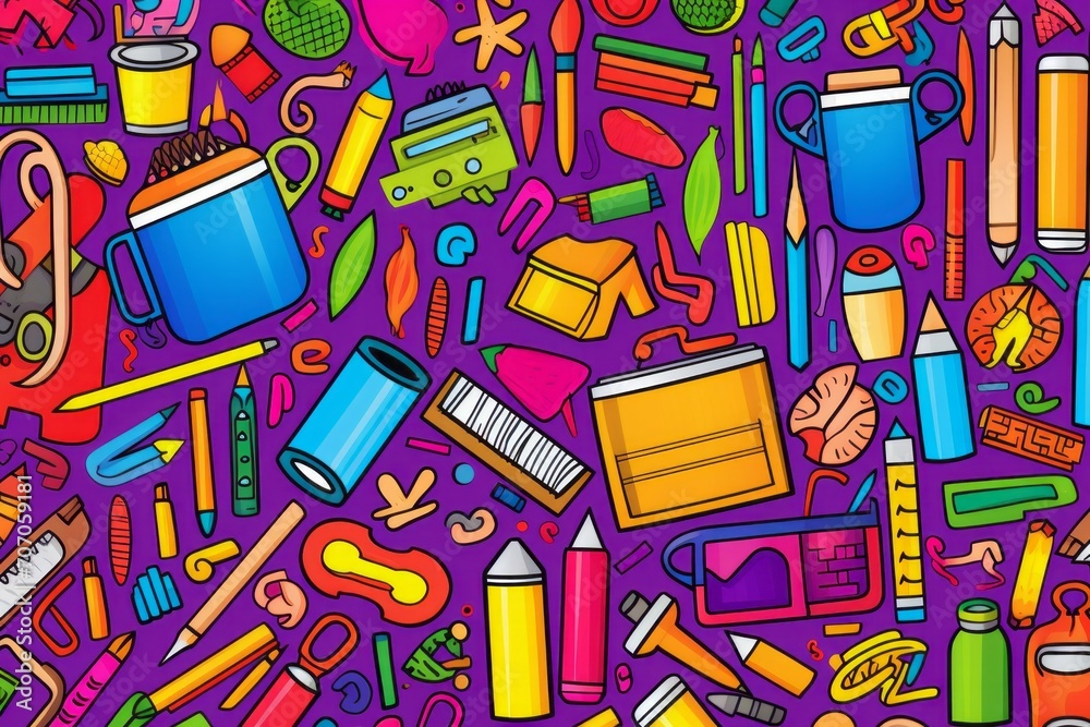 Cartoon cute doodles of school-related items like crayons, scissors, and erasers creating a vibrant and colorful seamless backdrop, Generative AI Cartoon cute doodles of school-related items like crayons, scissors, and erasers creating a vibrant and colorful seamless backdrop, Generative AI