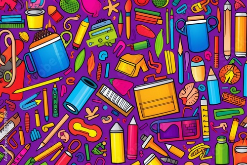 Cartoon cute doodles of school-related items like crayons, scissors, and erasers creating a vibrant and colorful seamless backdrop, Generative AI