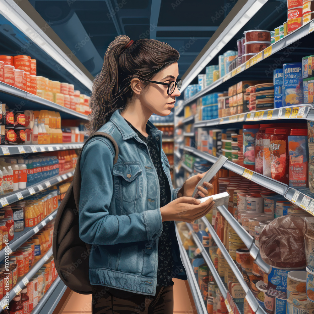 Making informed choices A woman in a supermarket evaluates products, showcasing consumer awareness through consideration of nutrition and prices. ai generative