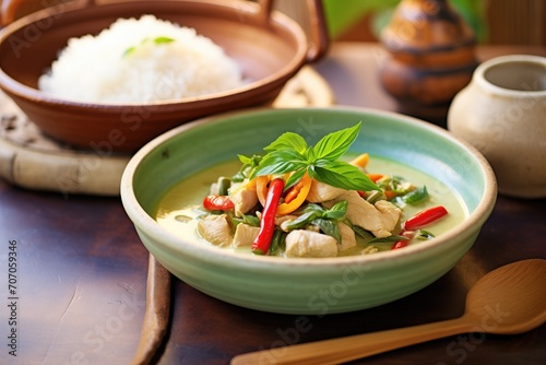 thai green curry with chicken in a ceramic bowl