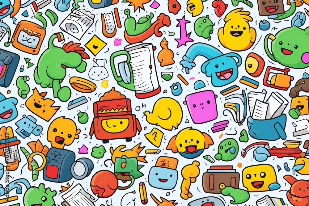 Cartoon cute doodles showcasing doodle elements of playful school mascots, books, and stationery, forming a charming and engaging seamless pattern, Generative AI Cartoon cute doodles showcasing doodle elements of playful school mascots, books, and stationery, forming a charming and engaging seamless pattern, Generative AI