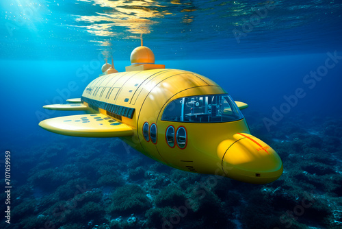 Small yellow submarine on the dive exploring underwater life. © graja