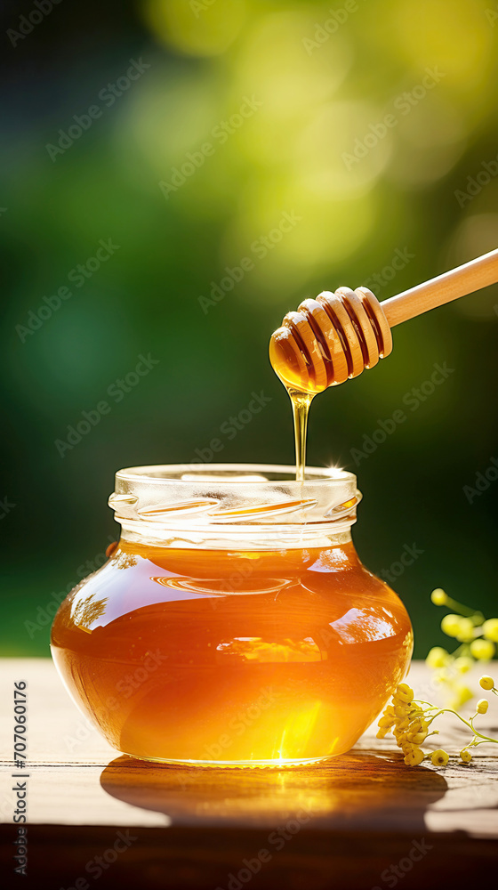 Jar of delicious natural honey on a wooden surface outdoors Jar of delicious natural honey on a wooden surface outdoors