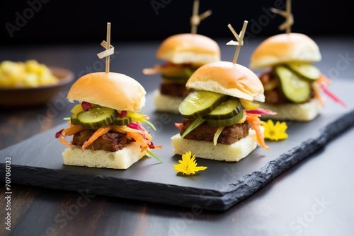 beef sliders with pickles and onions on slate board