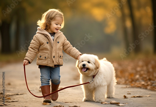 Little girl walking a dog in an urban park photo