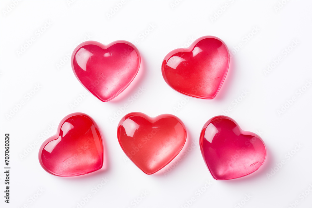 Valentine Day rose pink heart shape gift. Romantic love greeting present hard candies macro photo on white background