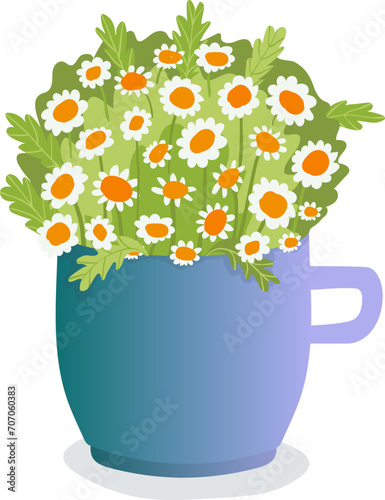 Bouquet of daisies in a blue cup, flowers with green leaves and white petals....