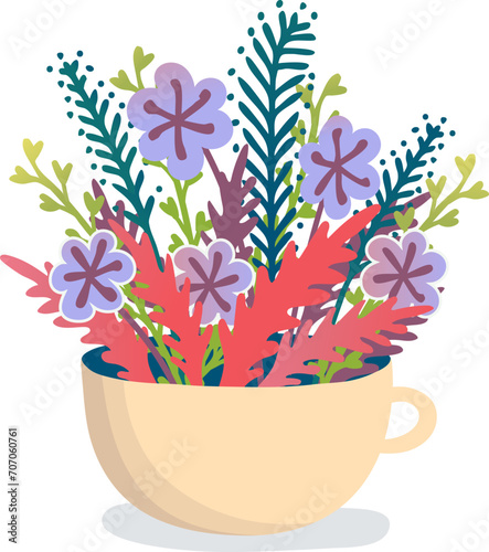 Colorful flowers in a beige cup, decorative foliage and blooms vector illustr...