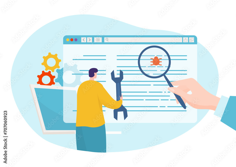 Person holding magnifying glass over code and person holding wrench, analyzing bug in software. Programmers debugging code vector illustration.