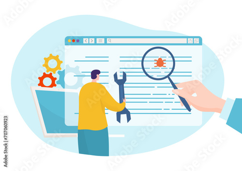 Person holding magnifying glass over code and person holding wrench, analyzing bug in software. Programmers debugging code vector illustration.