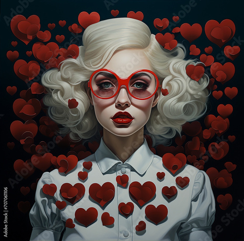 a painting of a woman wearing glasses with hearts, in the style of tim hildebrandt, photo