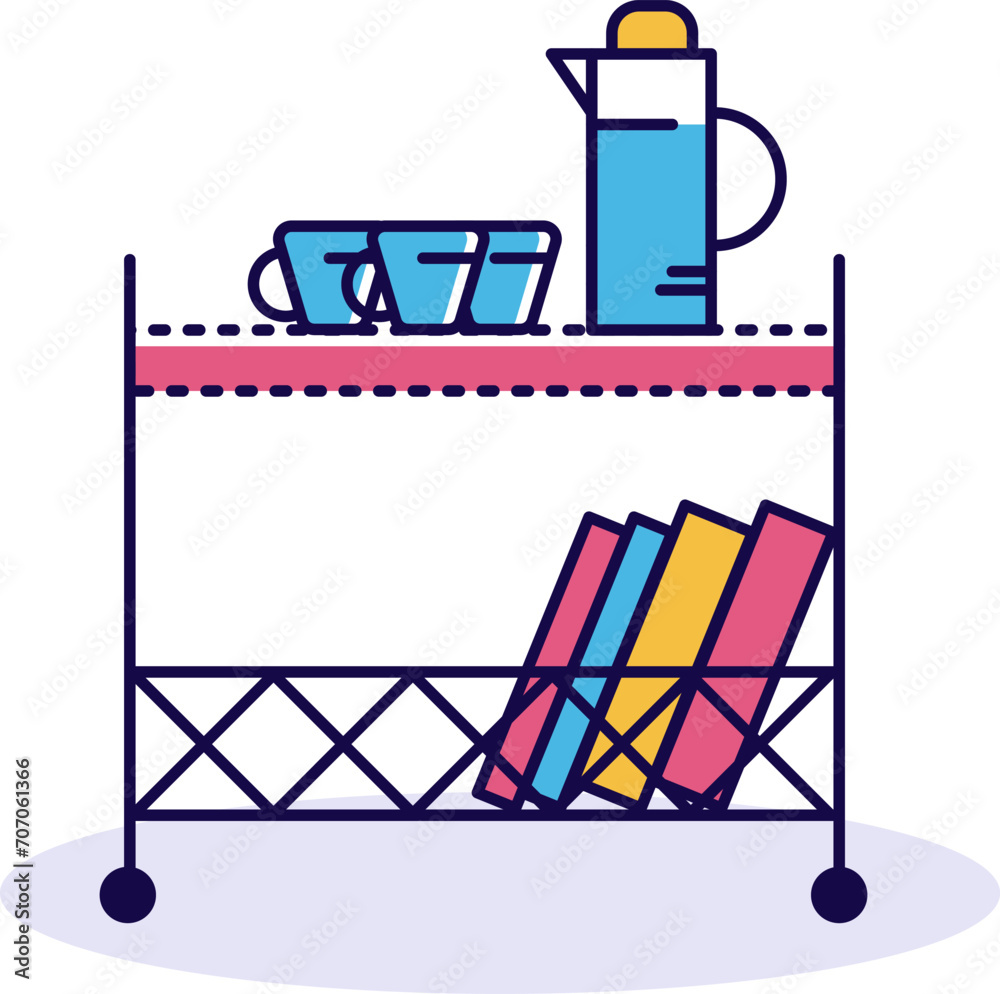 Colorful cart with books, cups and jug. Office supply trolley, organizer shelf, workplace organization vector illustration.