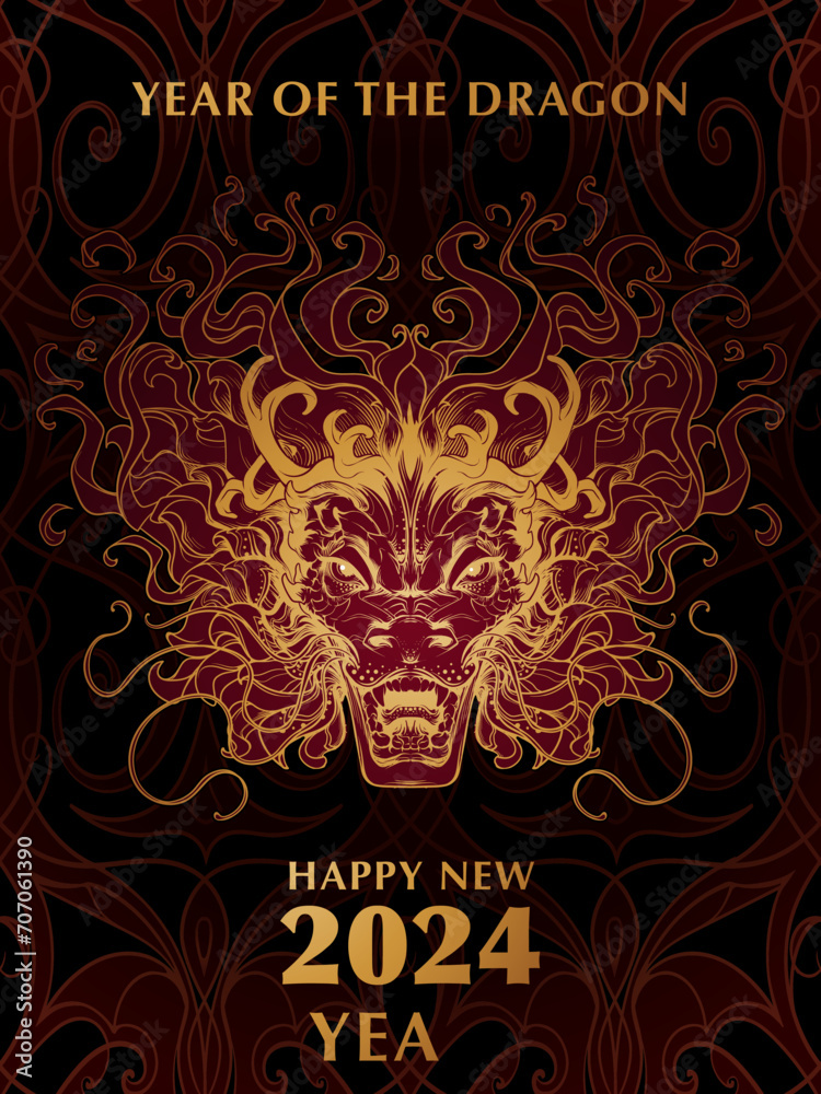 The Year of Dragon Holiday Poster or Postcard. Zodiac symbol of the New Year 2024. Line drawing of the Chinese dragon head coloured and isolated on an ornamental background. NOT AI. EPS10 vector.