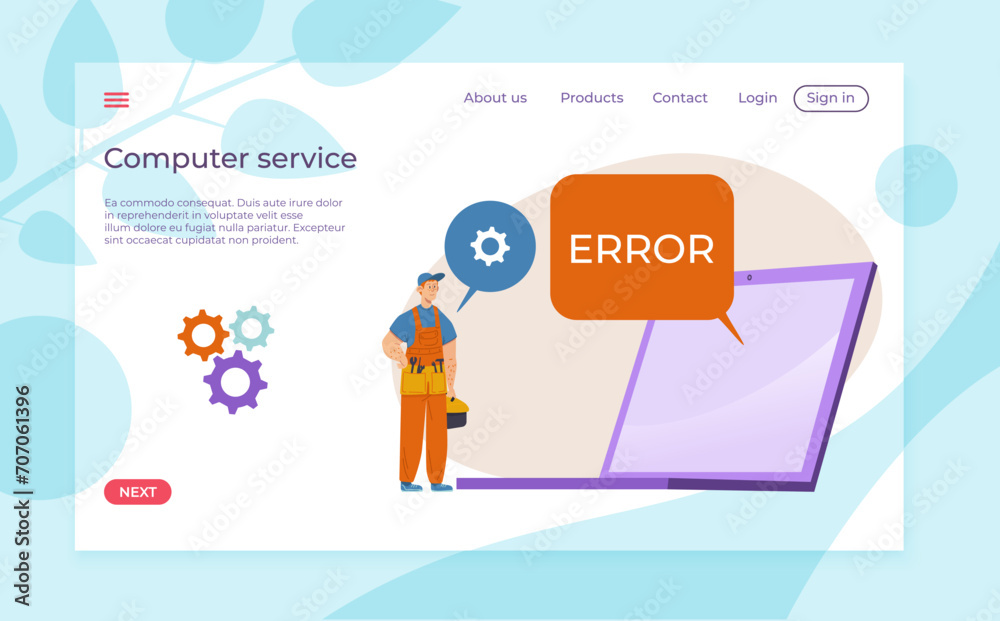 Male technician with tools next to computer screen showing error message. Digital repair, computer maintenance concept vector illustration Male technician with tools next to computer screen showing error message. Digital repair, computer maintenance concept vector illustration