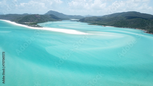 Aerial view of the beautiful turquoise ocean and green shoreline. Whitsunday Islands, Australia