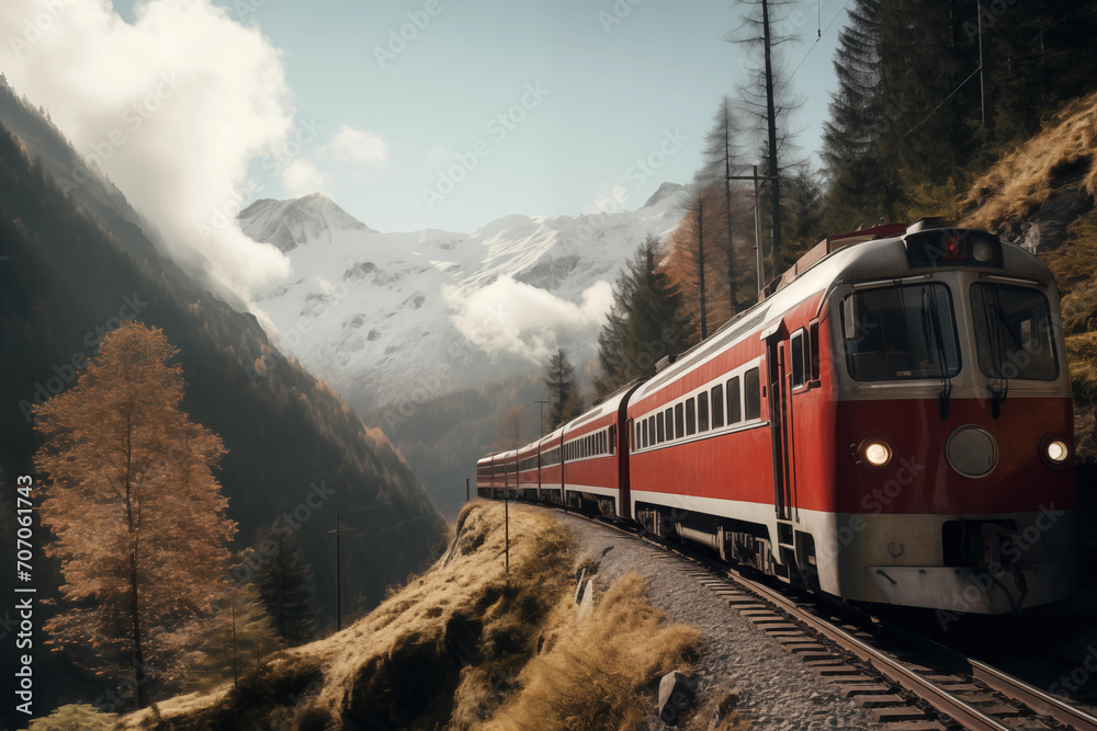 The red passenger train travels in a picturesque place among the mountains. - obrazy, fototapety, plakaty 