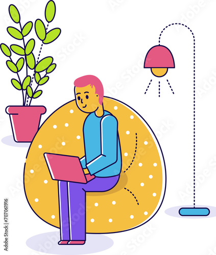 Cartoon man with pink hair working on laptop, sitting on yellow bean bag chair, indoor plant and lamp. Home office, freelance job. Remote work and cozy workplace vector illustration.