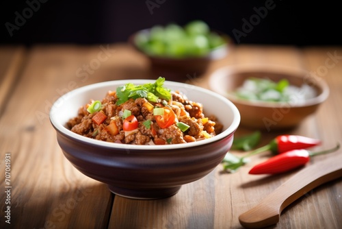 hearty chili with ground meat and kidney beans, wooden background