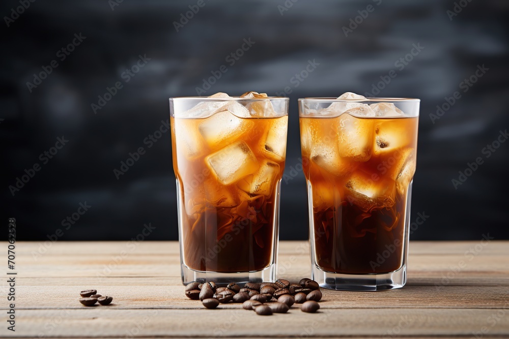 Iced coffee in glasses on wooden background Iced coffee in glasses on wooden background