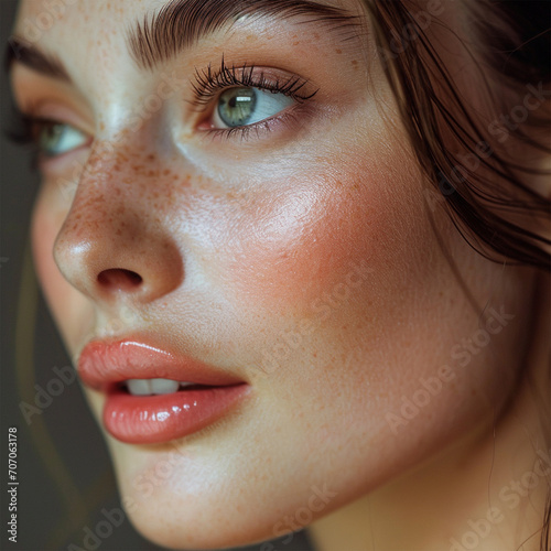 Beauty Model Portrait with plump Lip Makeup looking sideways, ai technology