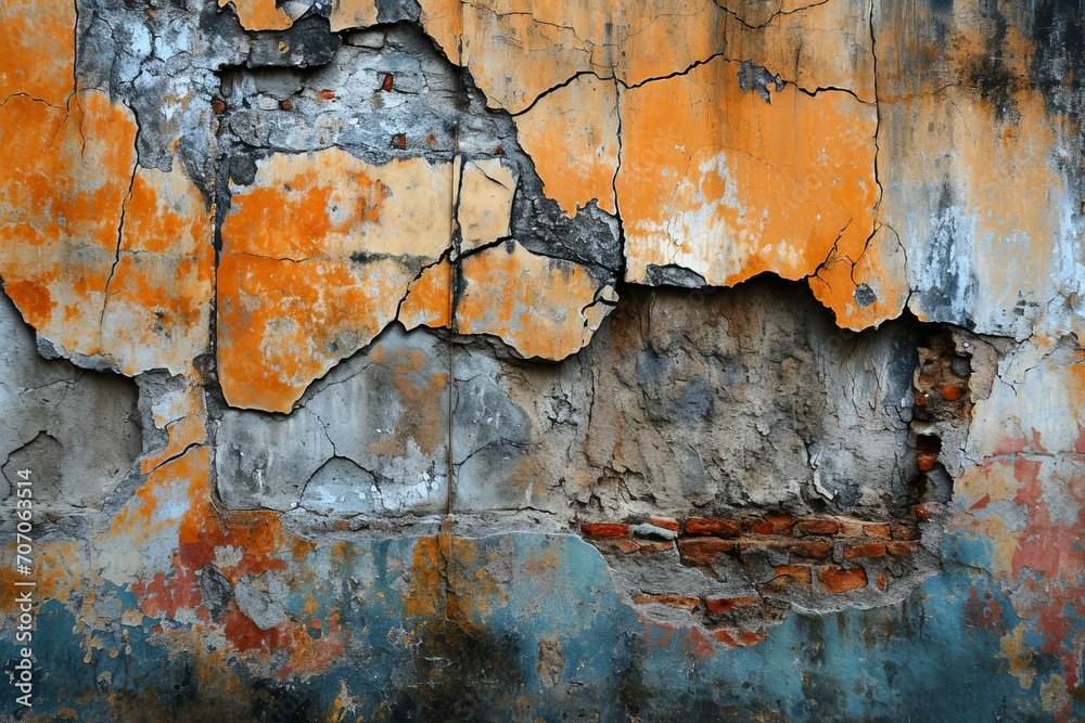 Fototapeta premium Old wall background, where the cracks, textures, and faded colors create a visually intriguing, Generative AI