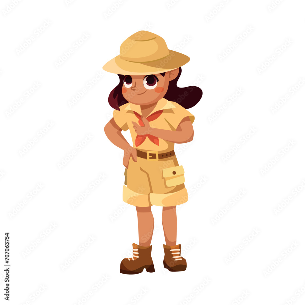 Cute Girl Character in Safari Outfit Standing and Smiling Vector Illustration Cute Girl Character in Safari Outfit Standing and Smiling Vector Illustration
