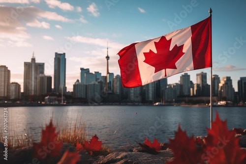 canada flag with the city of toronto in the background photo